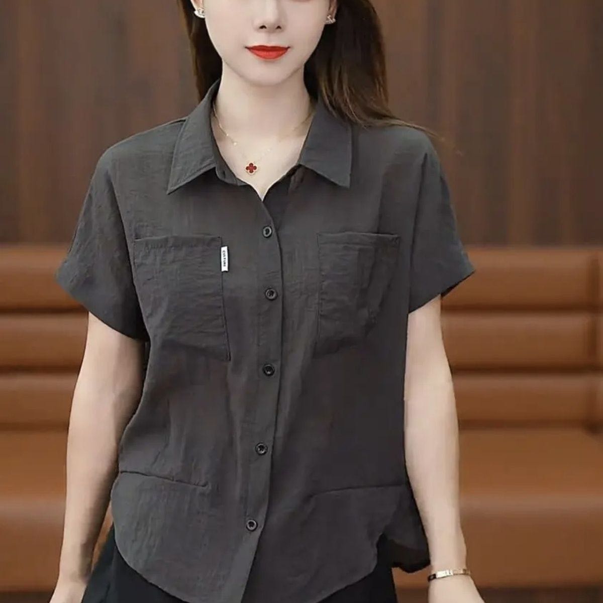 755冰凉丝薄款女士短袖衬衣百搭设计感宽松显瘦休闲小衫 到手价¥29.99