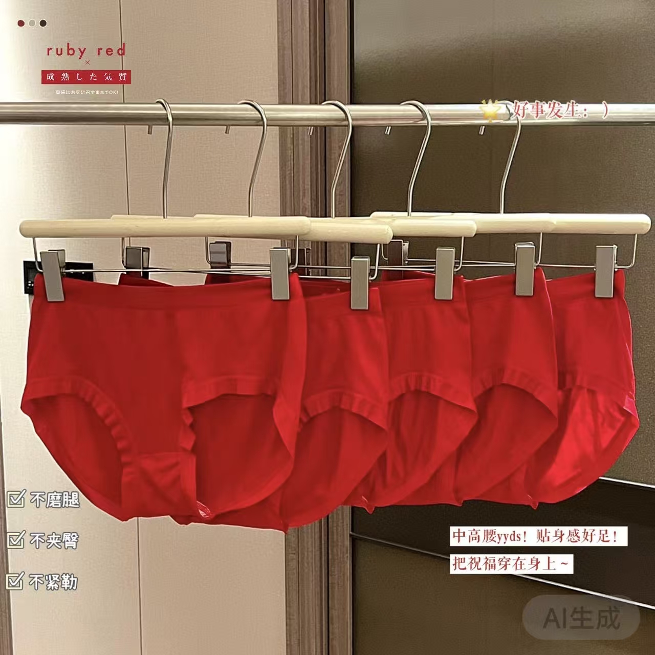 新年款3条装红色无缝大版内裤女高弹包臀三角裤 到手价¥9.99